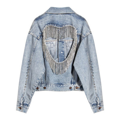 Áo khoác denim thêu kim cương giả Áo khoác nữ quá khổ khoét lỗ