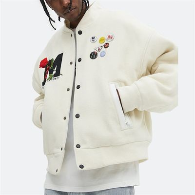 Áo khoác thêu tùy chỉnh OEM Áo khoác mùa đông 100% len hoa hồng Fleece Letter Áo khoác bomber